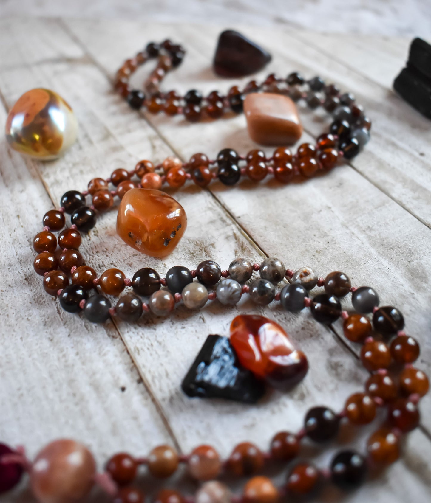 Fossil Coral, Hessonite Garnet, Smoky Quartz, Grey Cats Eye and Moonstone 108 bead meditation mala