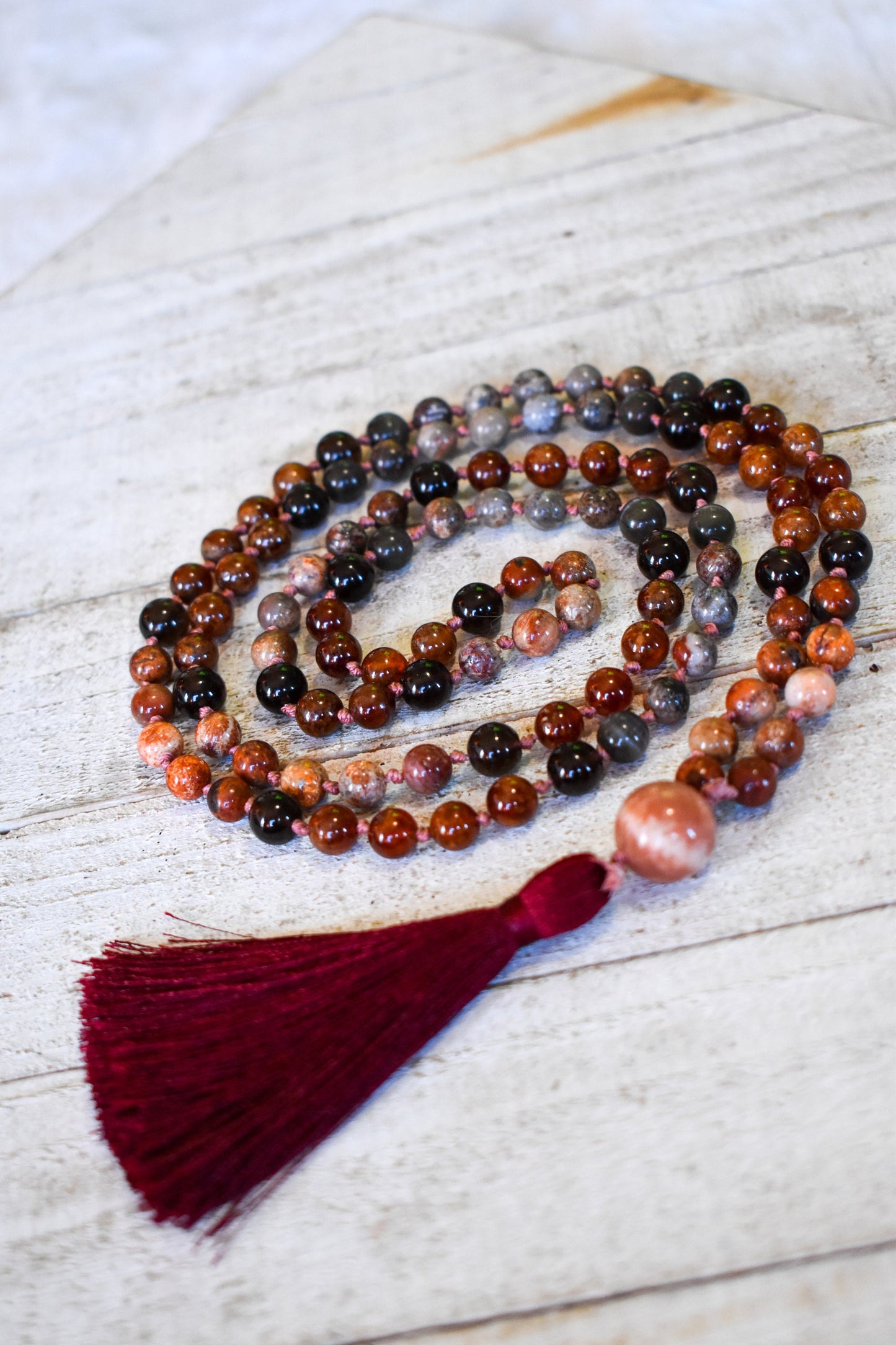 Fossil Coral, Hessonite Garnet, Smoky Quartz, Grey Cats Eye and Moonstone 108 bead meditation mala