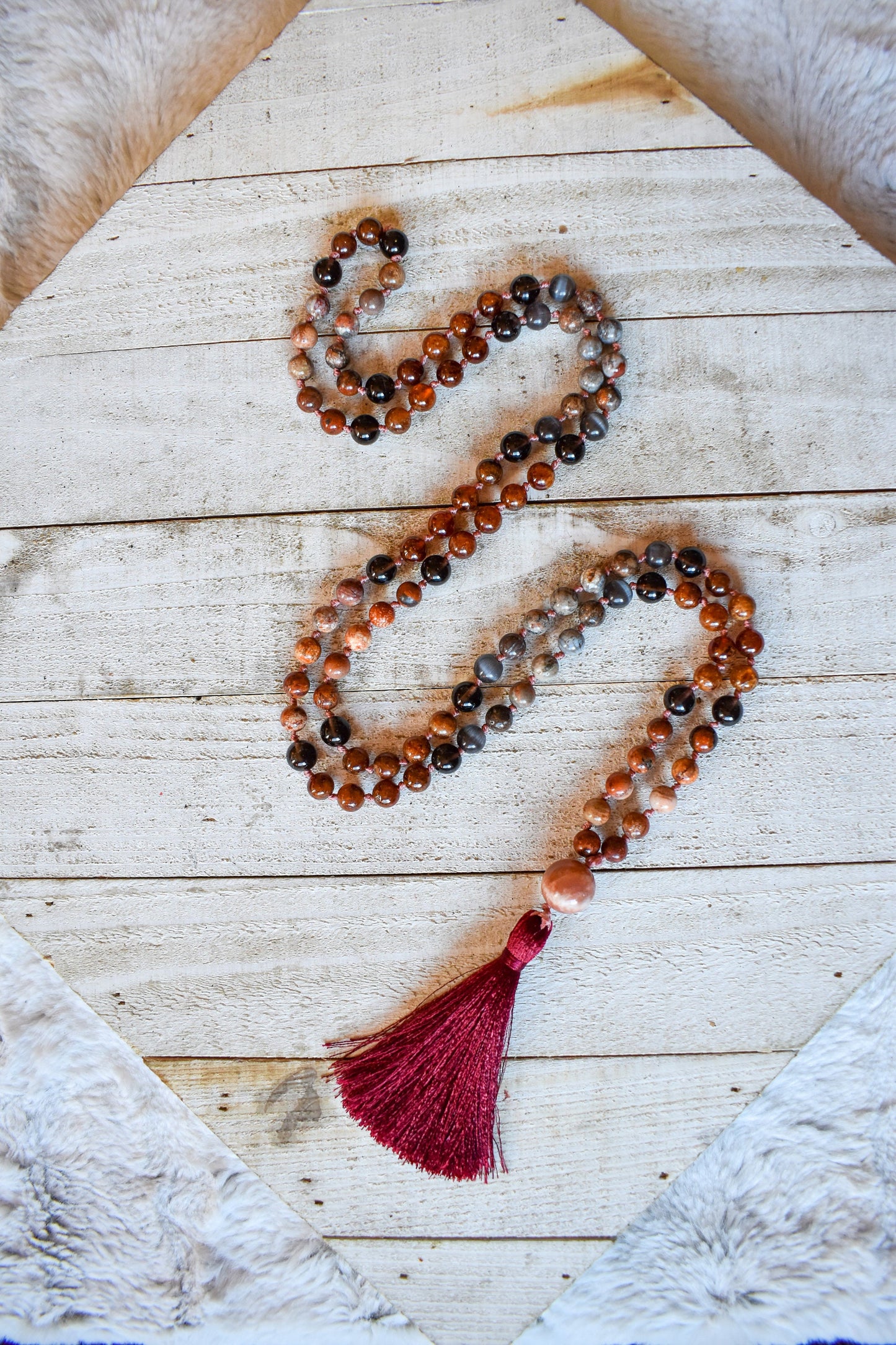 Fossil Coral, Hessonite Garnet, Smoky Quartz, Grey Cats Eye and Moonstone 108 bead meditation mala
