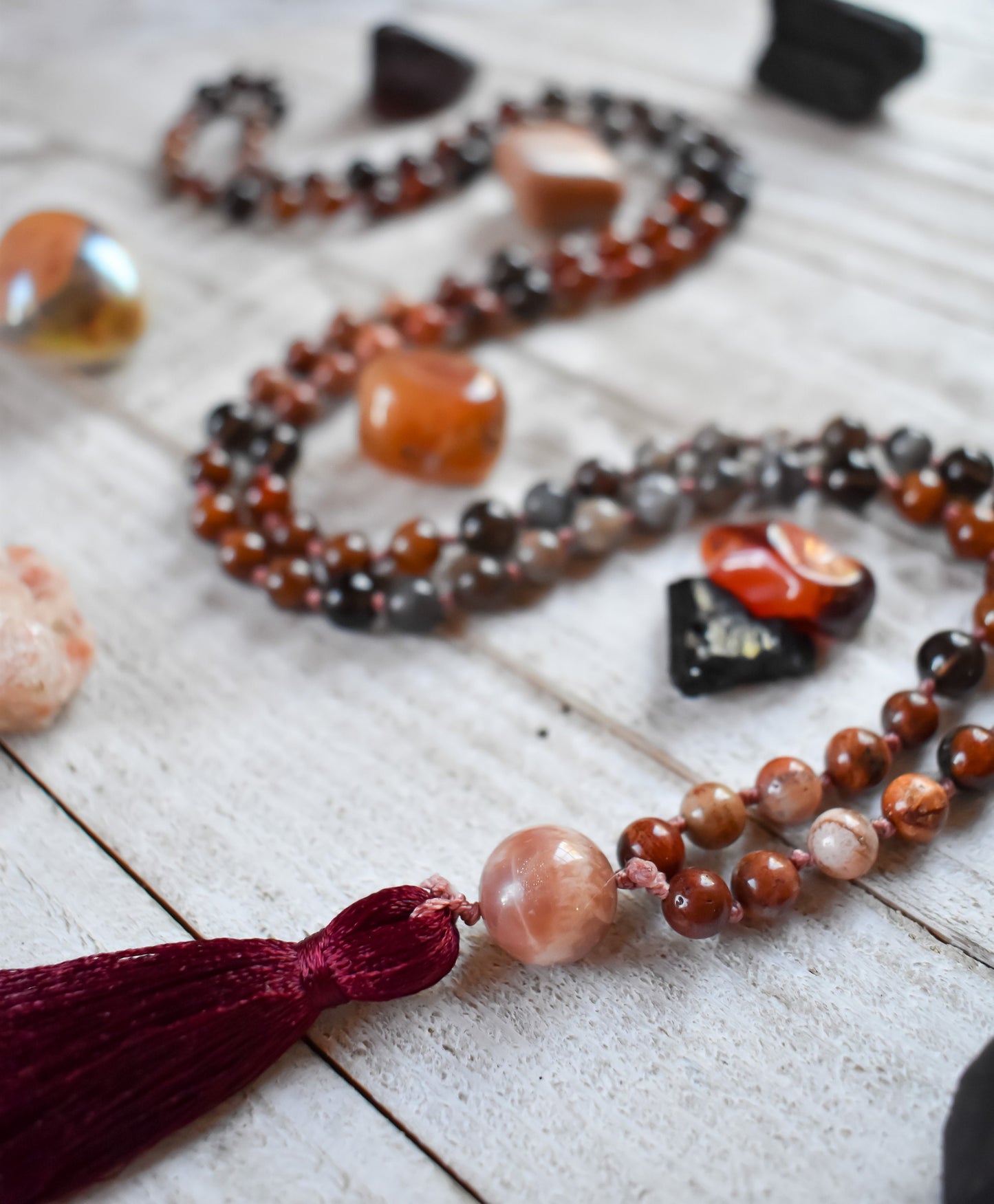 Fossil Coral, Hessonite Garnet, Smoky Quartz, Grey Cats Eye and Moonstone 108 bead meditation mala
