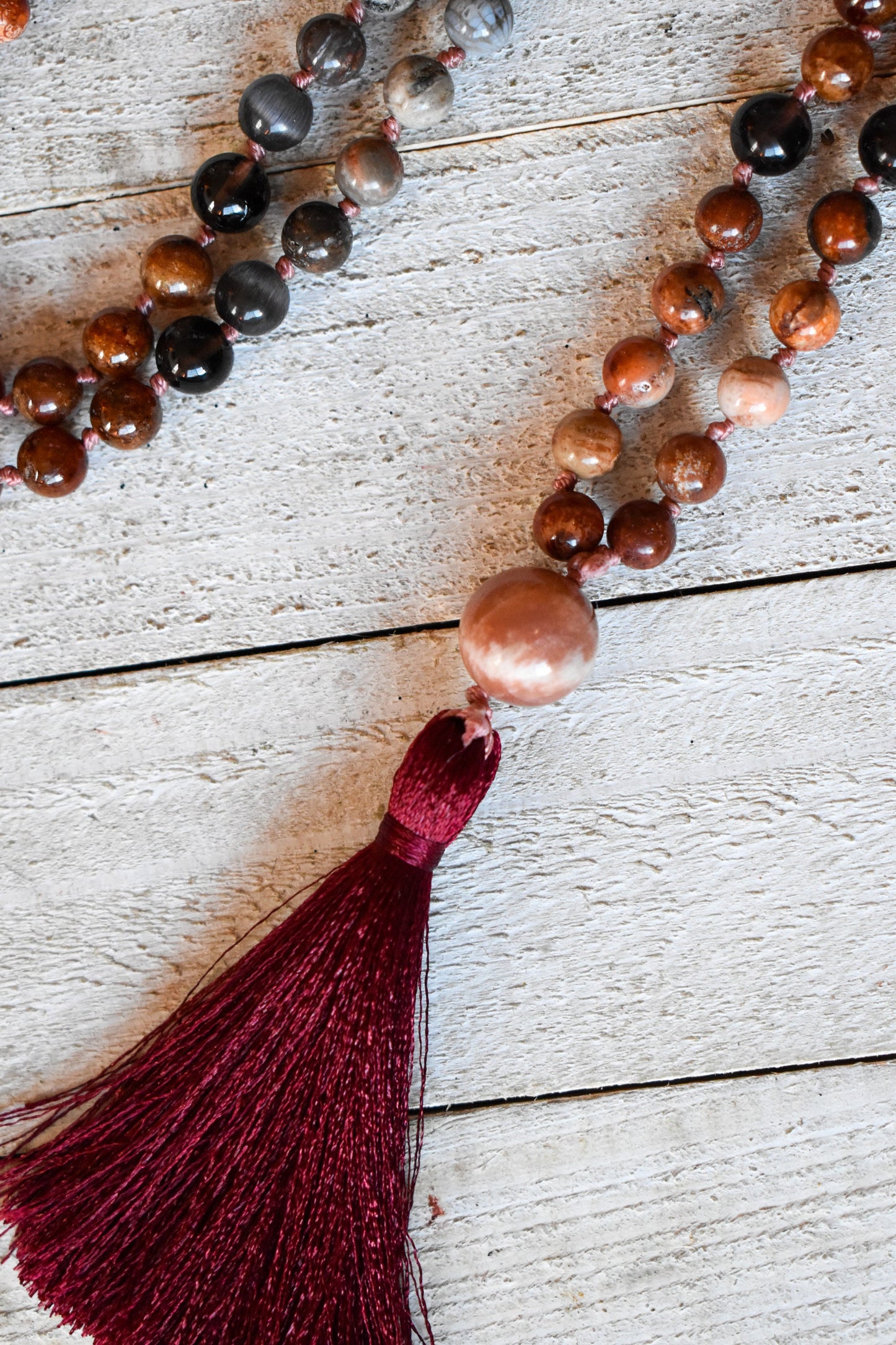 Fossil Coral, Hessonite Garnet, Smoky Quartz, Grey Cats Eye and Moonstone 108 bead meditation mala