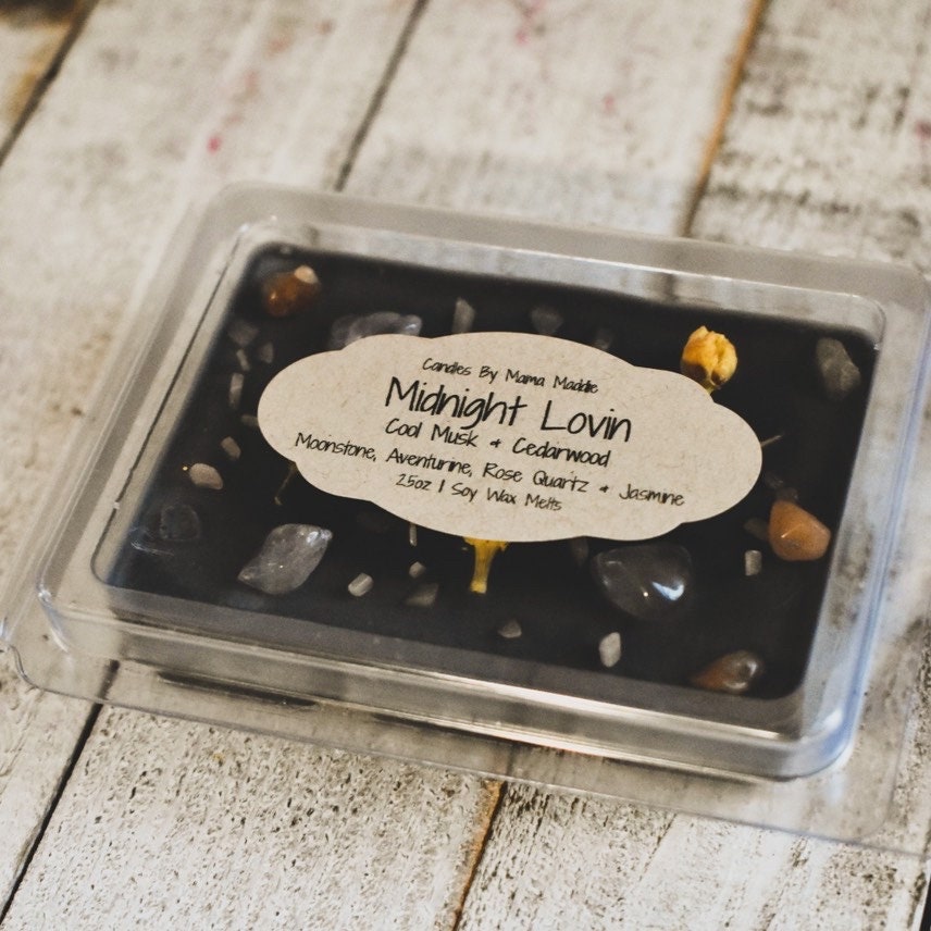 Midnight Lovin’ - Cool Musk & Cedarwood w/ Peach Moonstone, Red Aventurine, Rose Quartz, Jasmine (Sensual love intention soy wax melts)