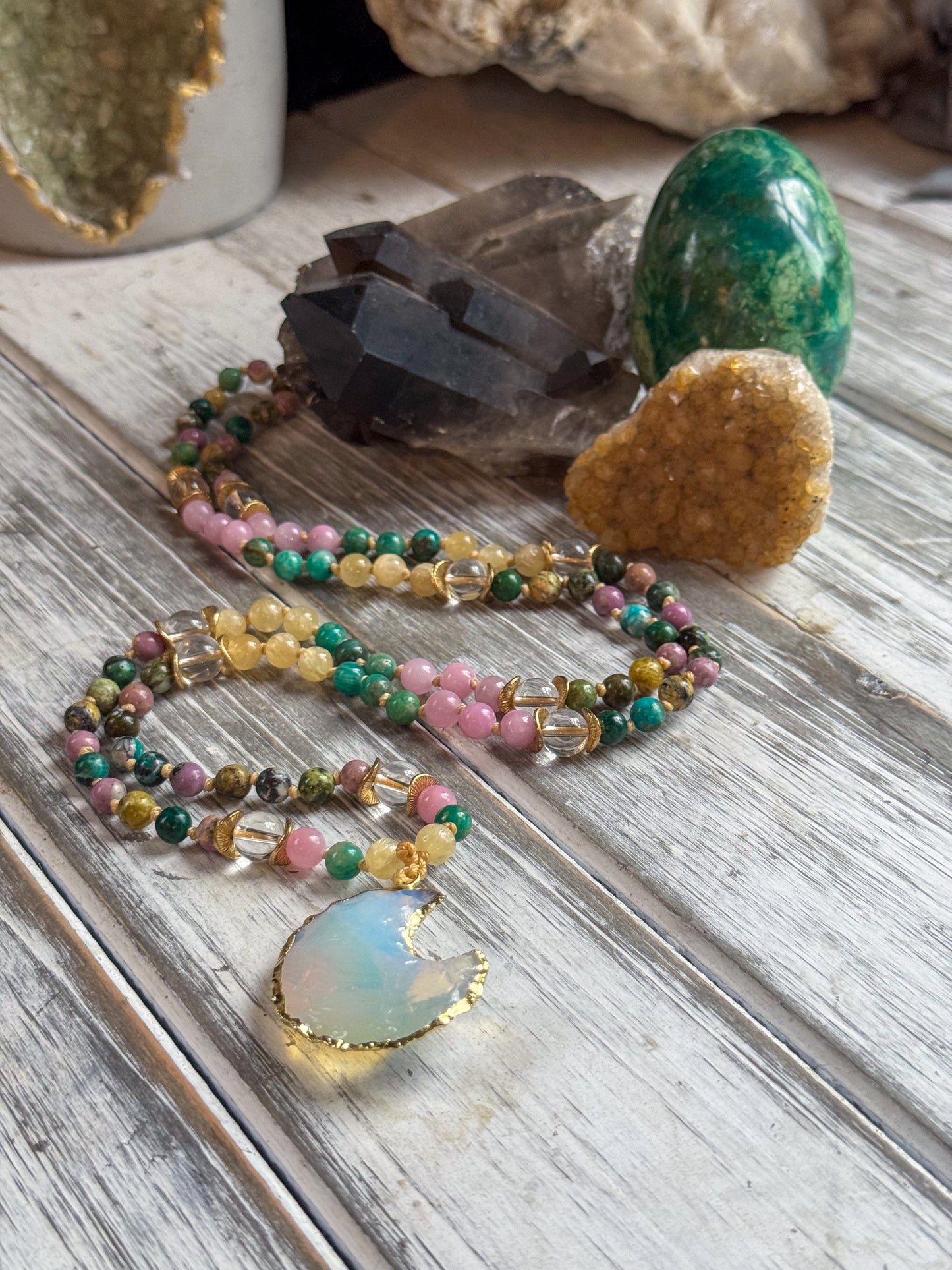 Opalite Moon Mala – Chrysocolla, Yellow Opal & Phosphosiderite with Amazonite, Selenite & Lavender Jade