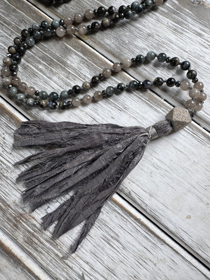 Grey Veil Mala – Hawk’s Eye, African Grey Opal & Cloudy Quartz with Sari Silk Tassel