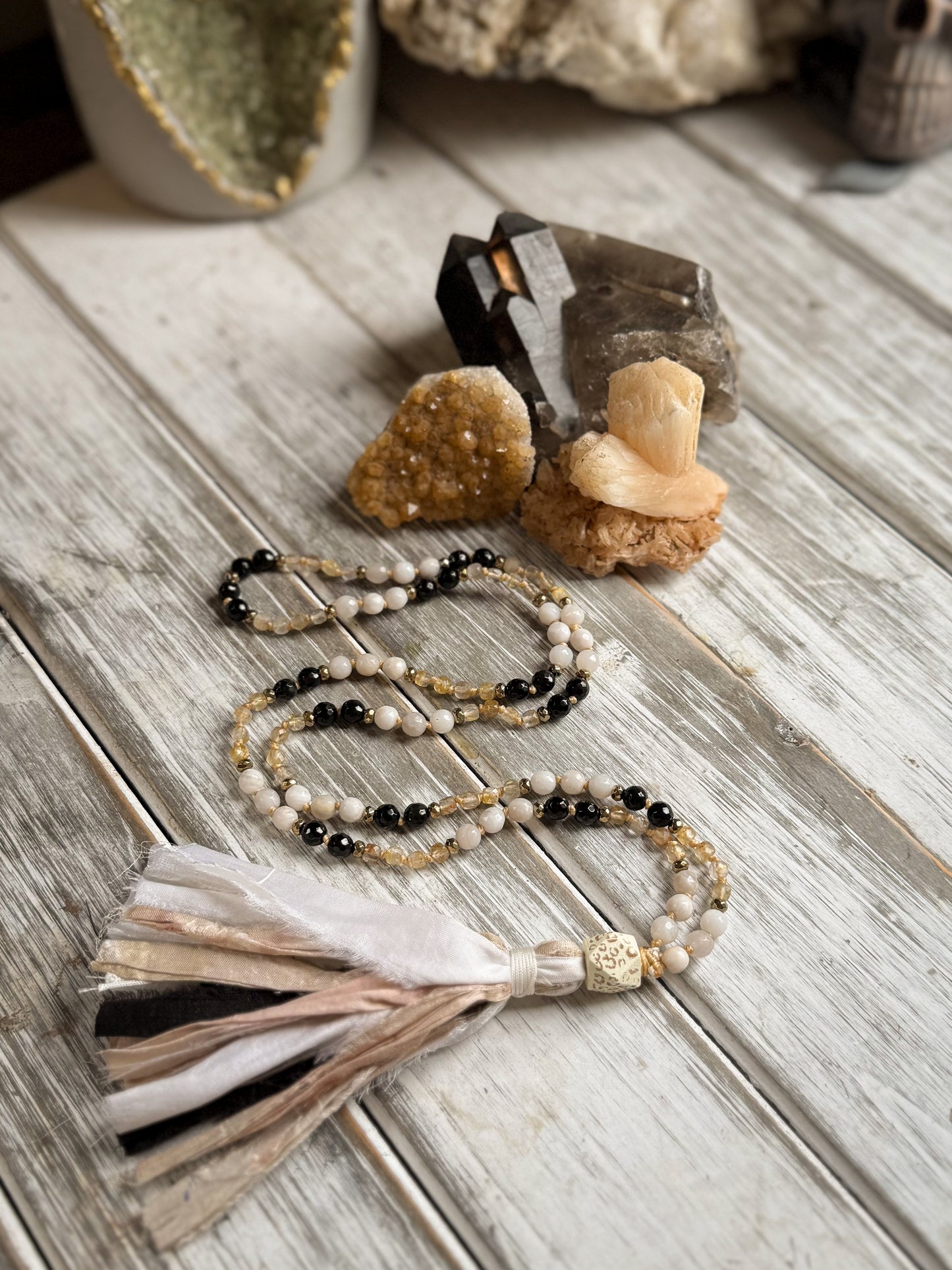 Golden Grounding Mala – Black Onyx, Crazy Lace Agate & Golden Rutilated Quartz with Sari Silk Tassel