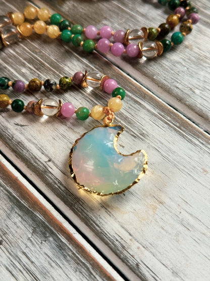 Opalite Moon Mala – Chrysocolla, Yellow Opal & Phosphosiderite with Amazonite, Selenite & Lavender Jade