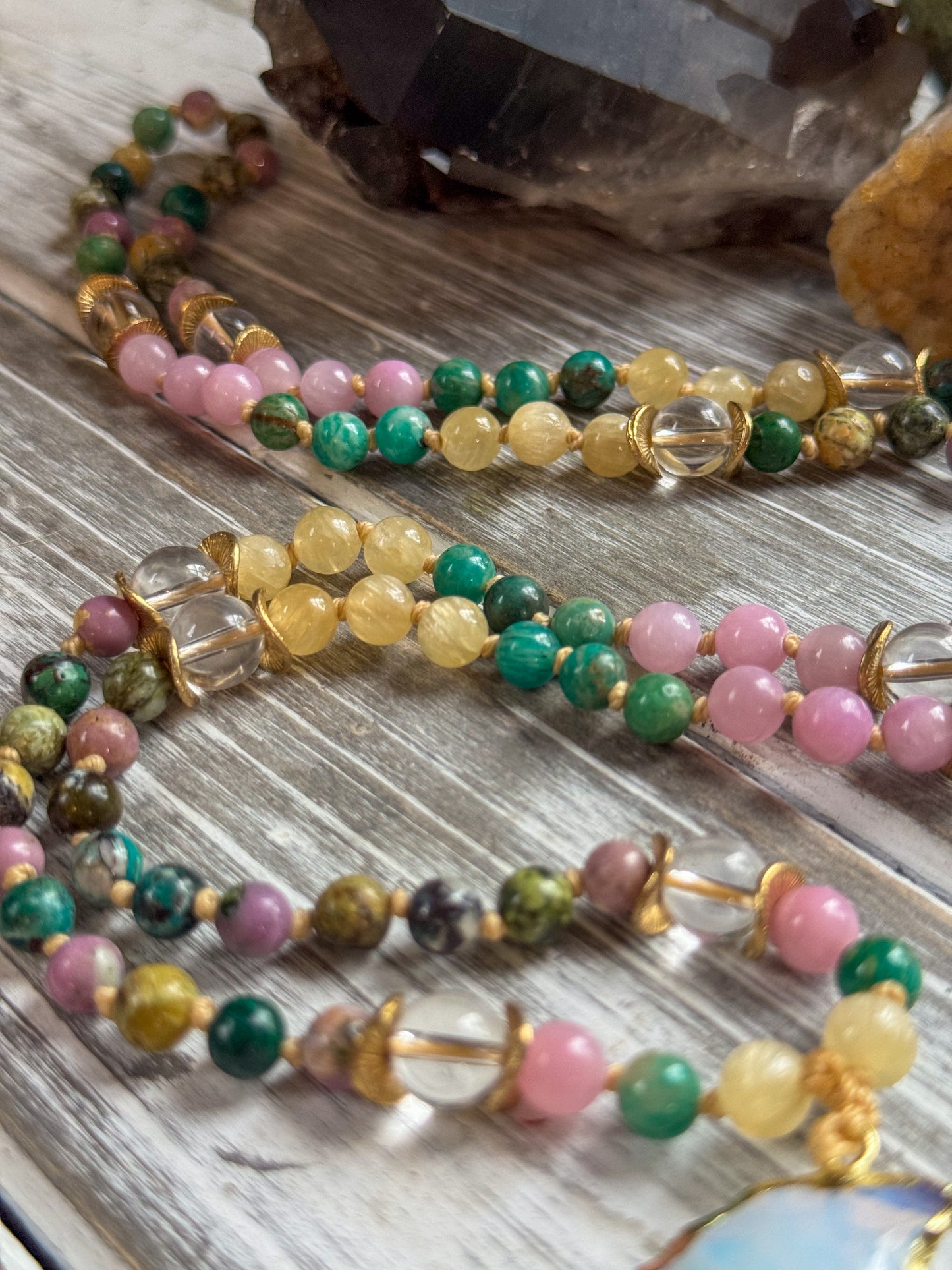 Opalite Moon Mala – Chrysocolla, Yellow Opal & Phosphosiderite with Amazonite, Selenite & Lavender Jade
