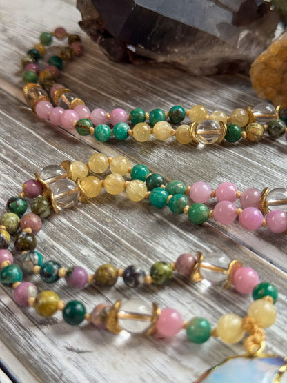 Opalite Moon Mala – Chrysocolla, Yellow Opal & Phosphosiderite with Amazonite, Selenite & Lavender Jade