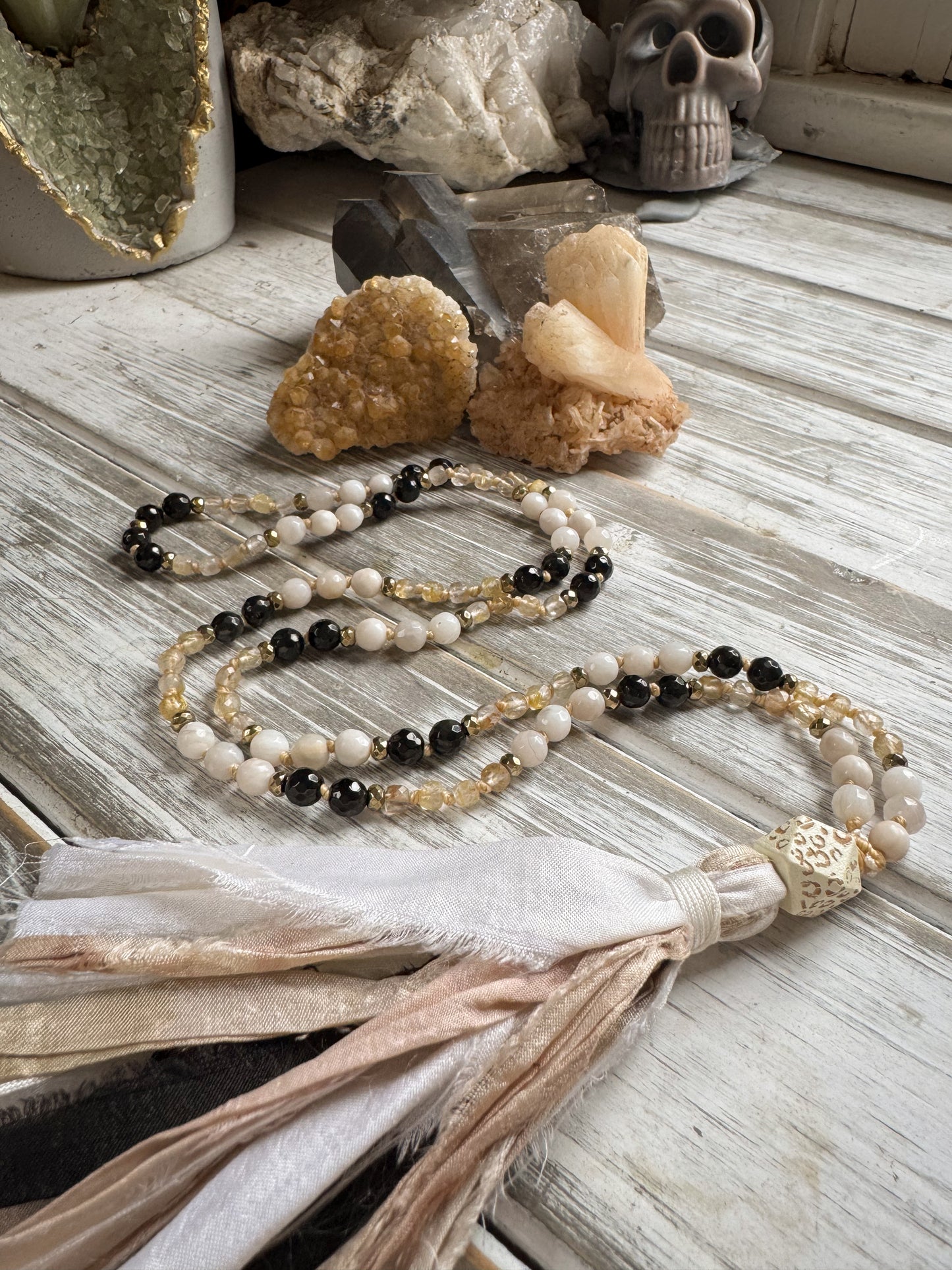 Golden Grounding Mala – Black Onyx, Crazy Lace Agate & Golden Rutilated Quartz with Sari Silk Tassel