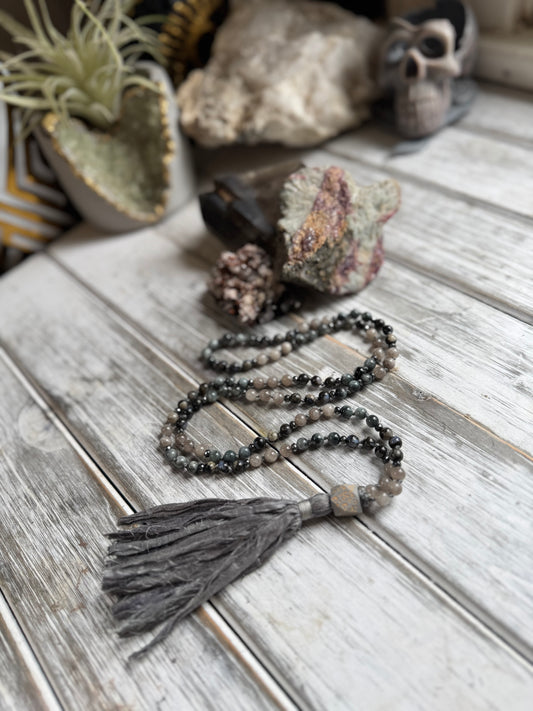 Grey Veil Mala – Hawk’s Eye, African Grey Opal & Cloudy Quartz with Sari Silk Tassel