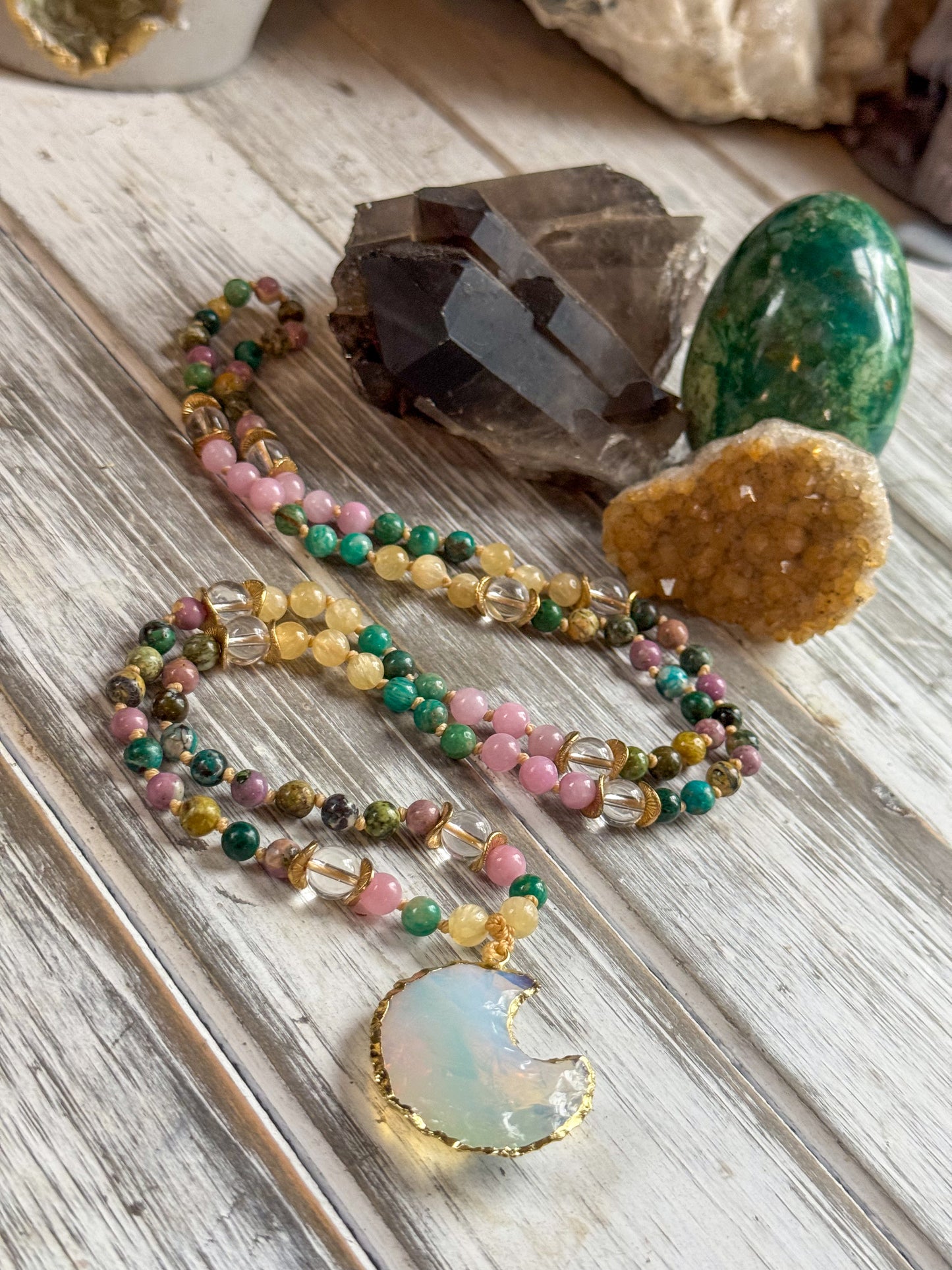 Opalite Moon Mala – Chrysocolla, Yellow Opal & Phosphosiderite with Amazonite, Selenite & Lavender Jade