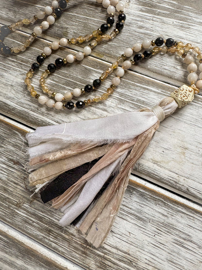 Golden Grounding Mala – Black Onyx, Crazy Lace Agate & Golden Rutilated Quartz with Sari Silk Tassel