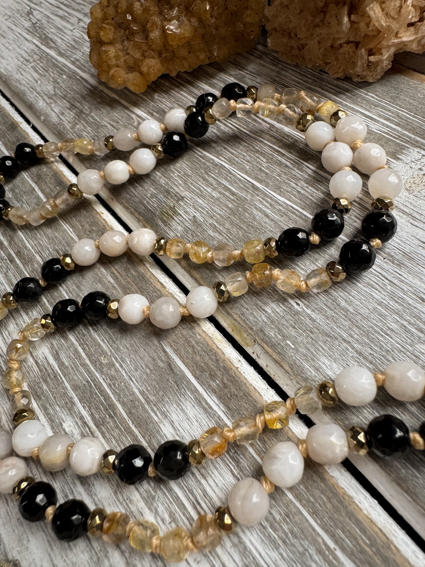 Golden Grounding Mala – Black Onyx, Crazy Lace Agate & Golden Rutilated Quartz with Sari Silk Tassel