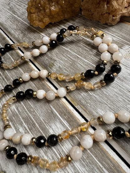 Golden Grounding Mala – Black Onyx, Crazy Lace Agate & Golden Rutilated Quartz with Sari Silk Tassel