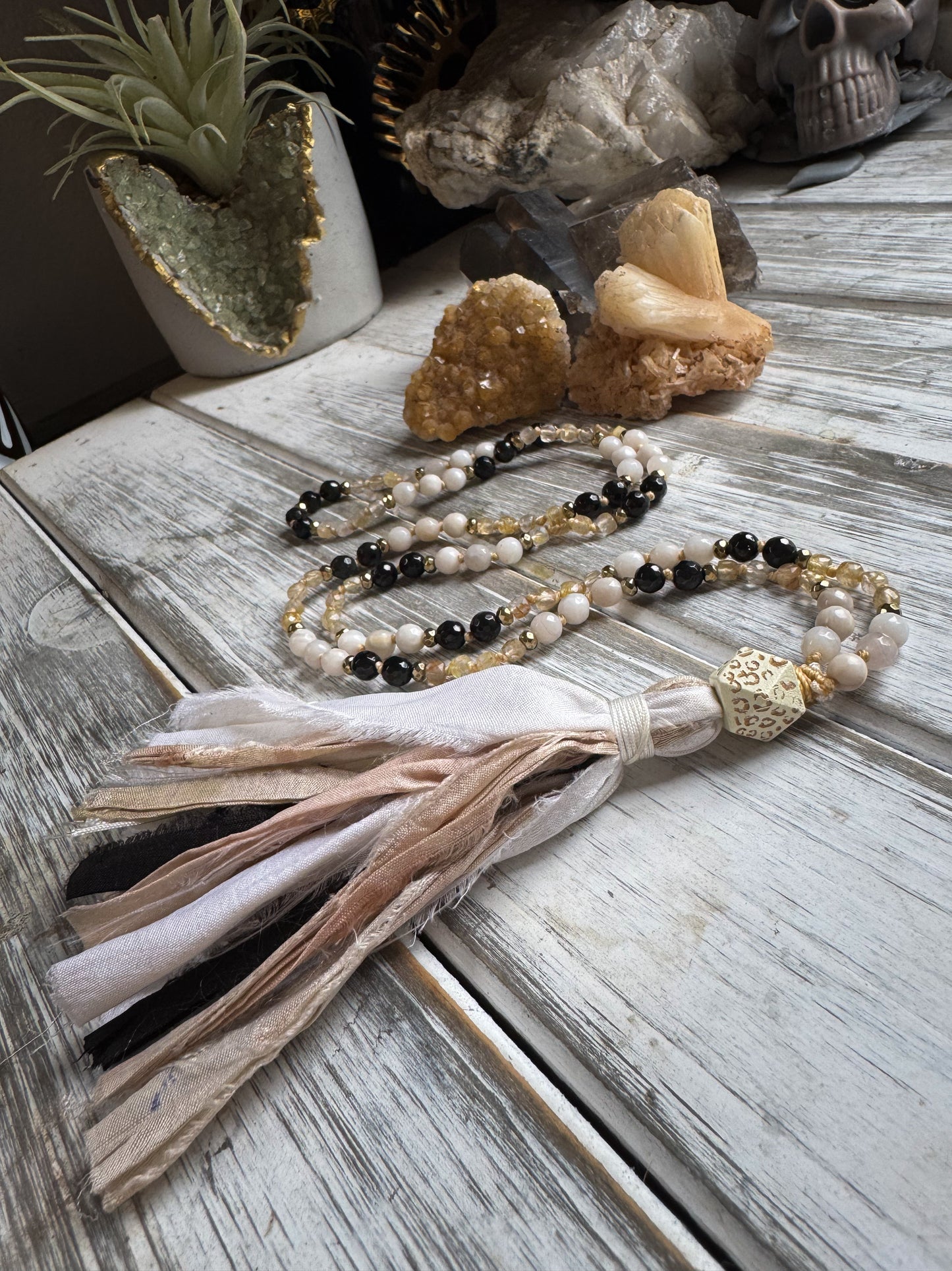 Golden Grounding Mala – Black Onyx, Crazy Lace Agate & Golden Rutilated Quartz with Sari Silk Tassel