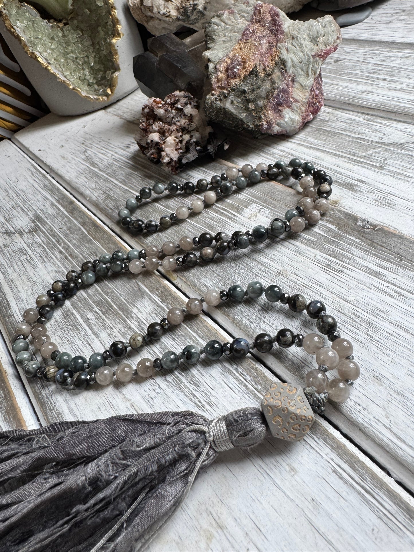 Grey Veil Mala – Hawk’s Eye, African Grey Opal & Cloudy Quartz with Sari Silk Tassel