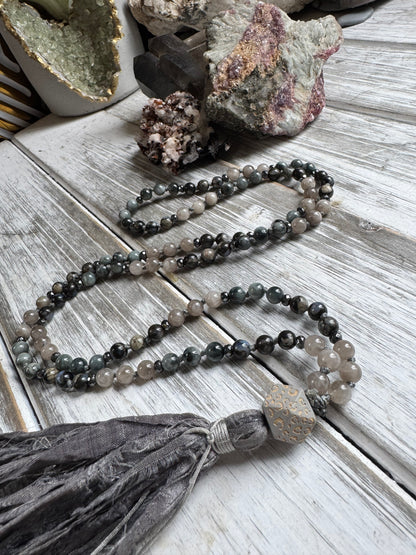 Grey Veil Mala – Hawk’s Eye, African Grey Opal & Cloudy Quartz with Sari Silk Tassel