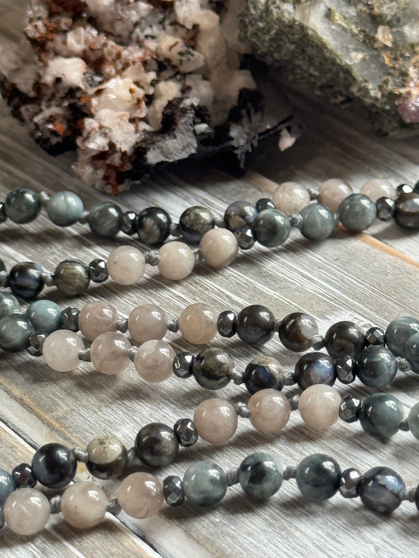 Grey Veil Mala – Hawk’s Eye, African Grey Opal & Cloudy Quartz with Sari Silk Tassel