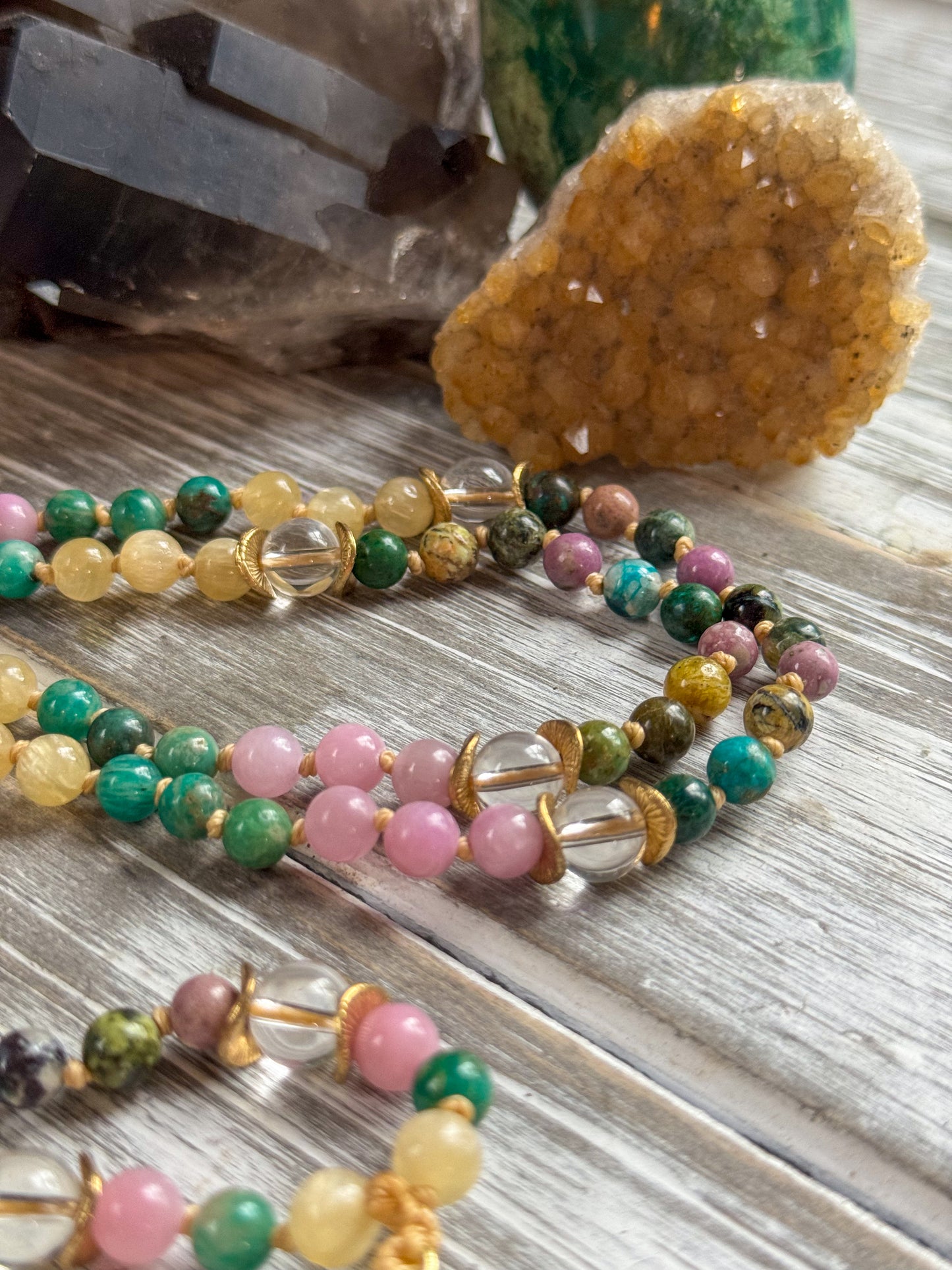 Opalite Moon Mala – Chrysocolla, Yellow Opal & Phosphosiderite with Amazonite, Selenite & Lavender Jade