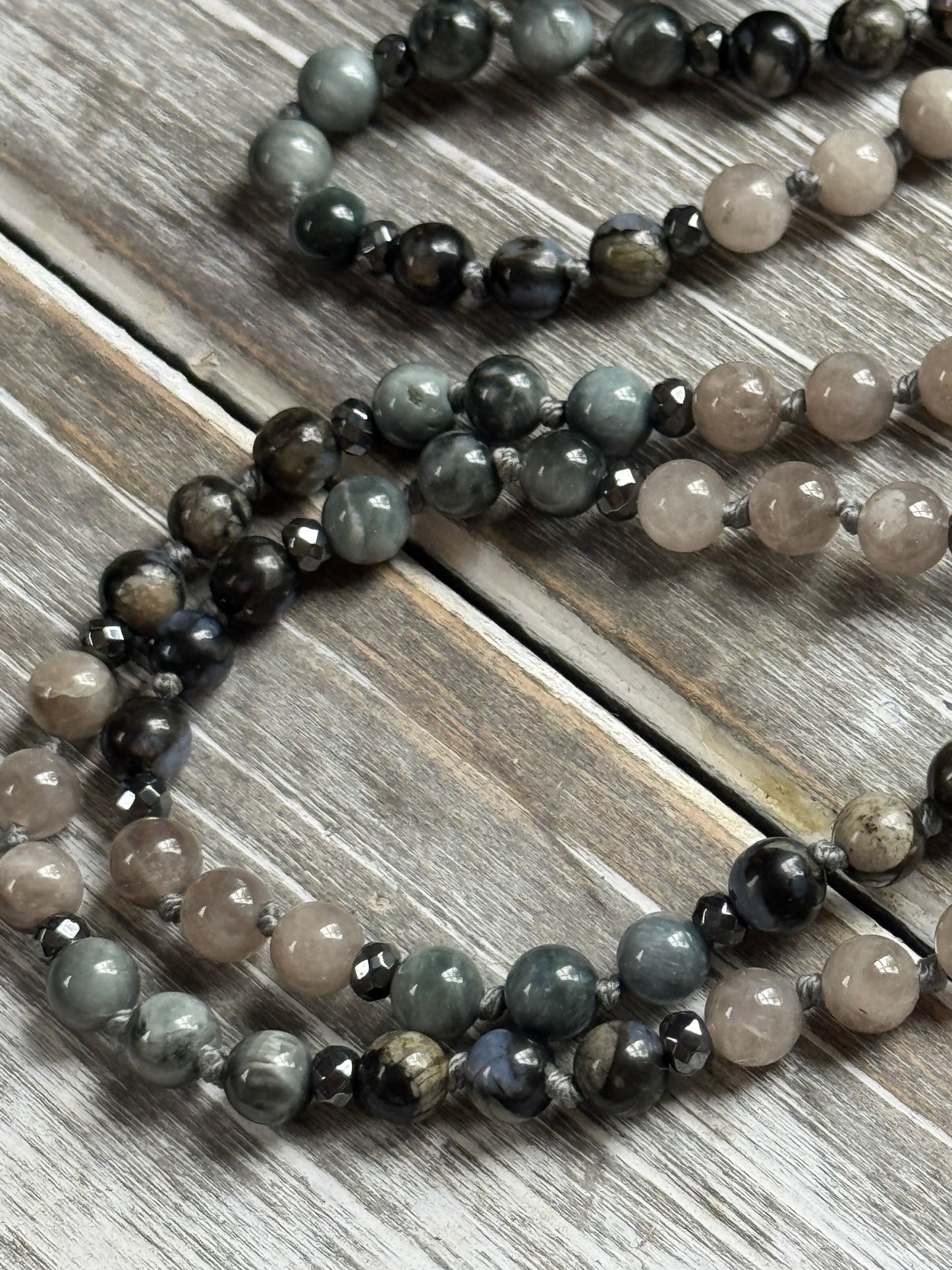 Grey Veil Mala – Hawk’s Eye, African Grey Opal & Cloudy Quartz with Sari Silk Tassel