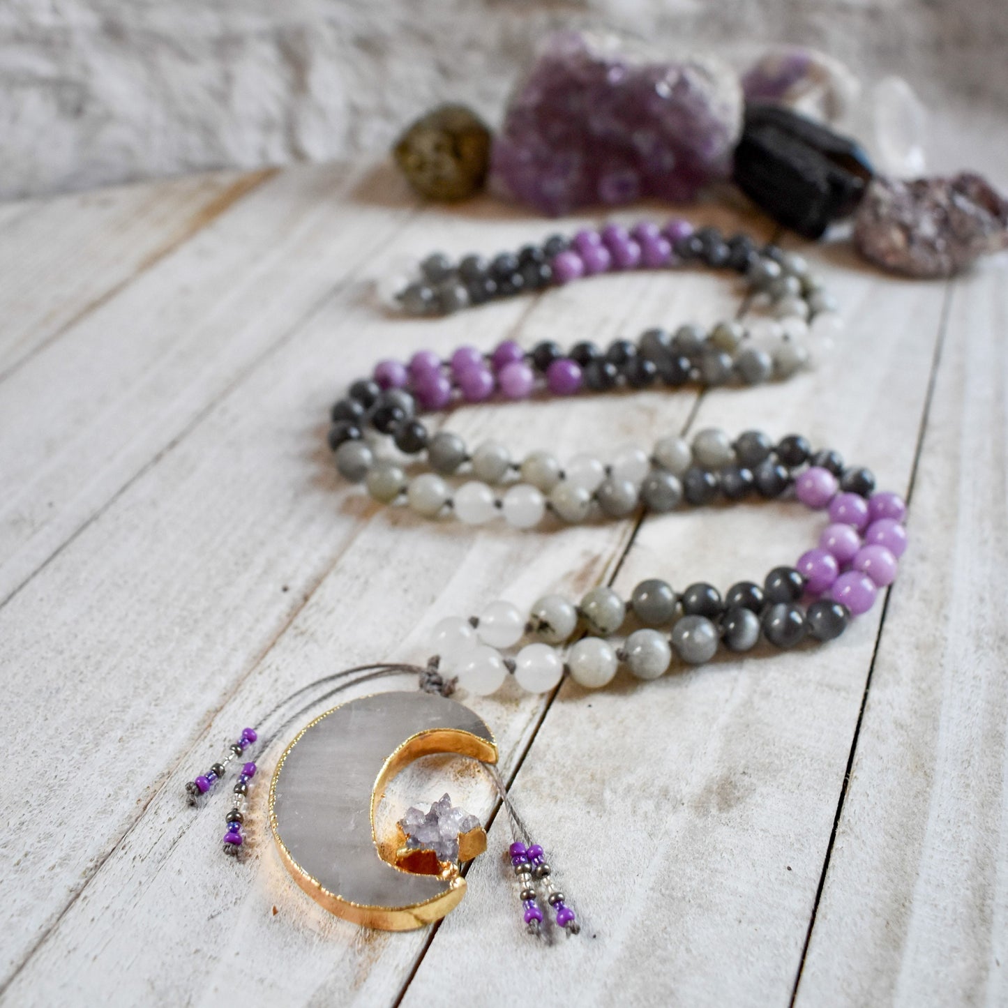 Moon Mala - Quartz, Labradorite, Grey Selenite & Purple Kunzite with Quartz moon/druzy Amethyst star pendant 108 bead meditation mala