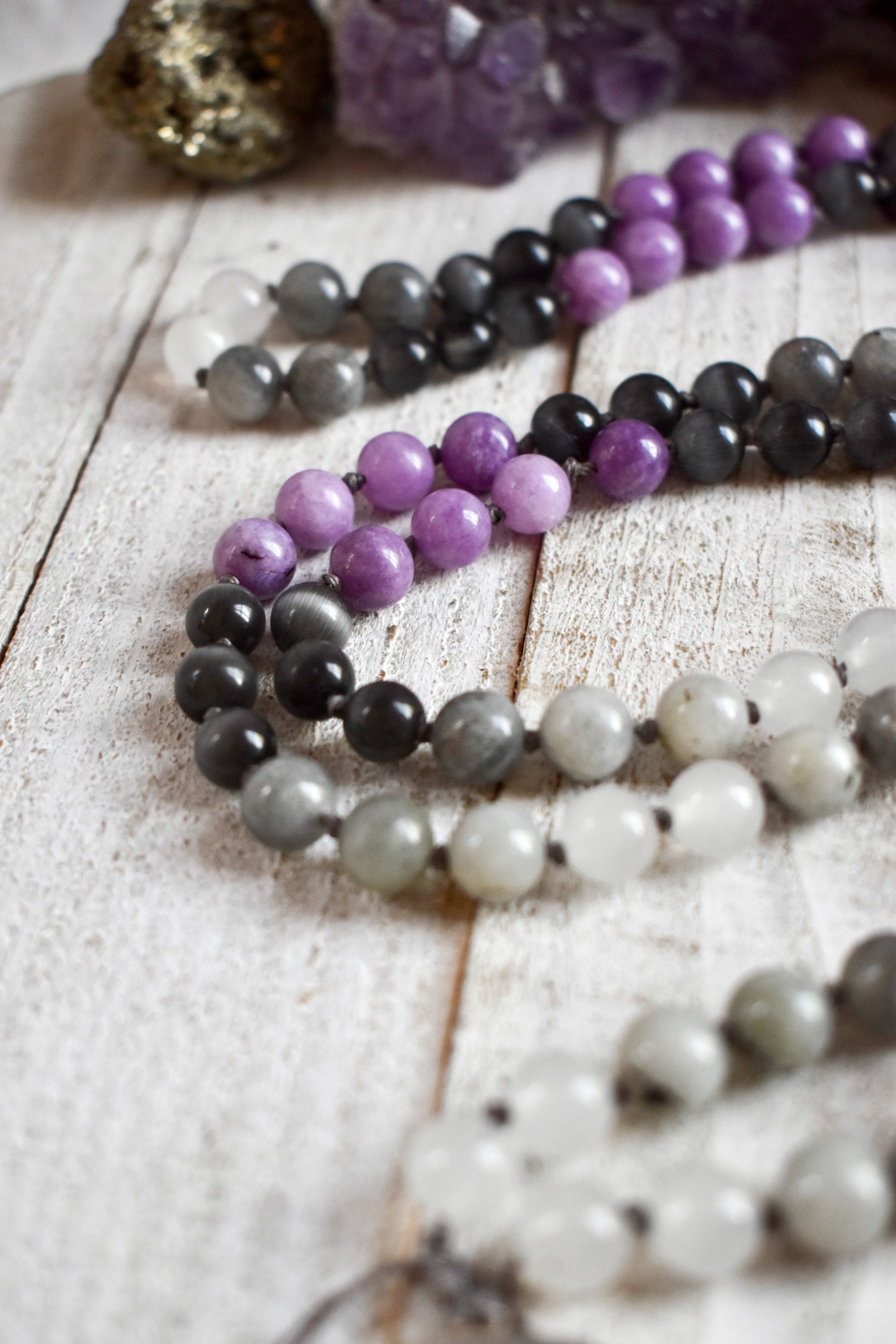 Moon Mala - Quartz, Labradorite, Grey Selenite & Purple Kunzite with Quartz moon/druzy Amethyst star pendant 108 bead meditation mala