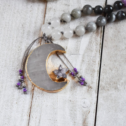 Moon Mala - Quartz, Labradorite, Grey Selenite & Purple Kunzite with Quartz moon/druzy Amethyst star pendant 108 bead meditation mala