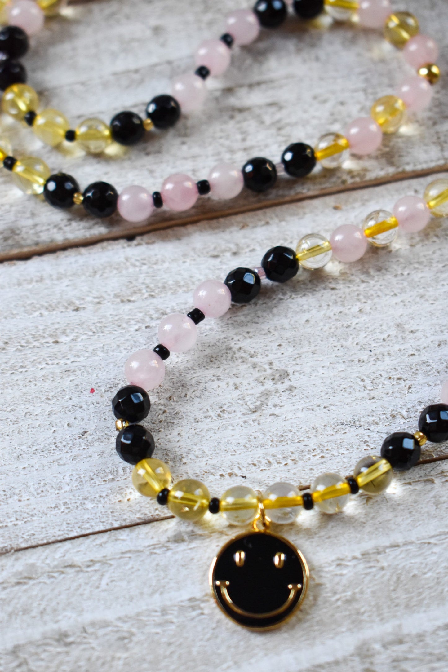 Happiness Matters 108 Bead Mala Wrap - Citrine, Rose Quartz and Onyx with Black and Gold smiley face charm