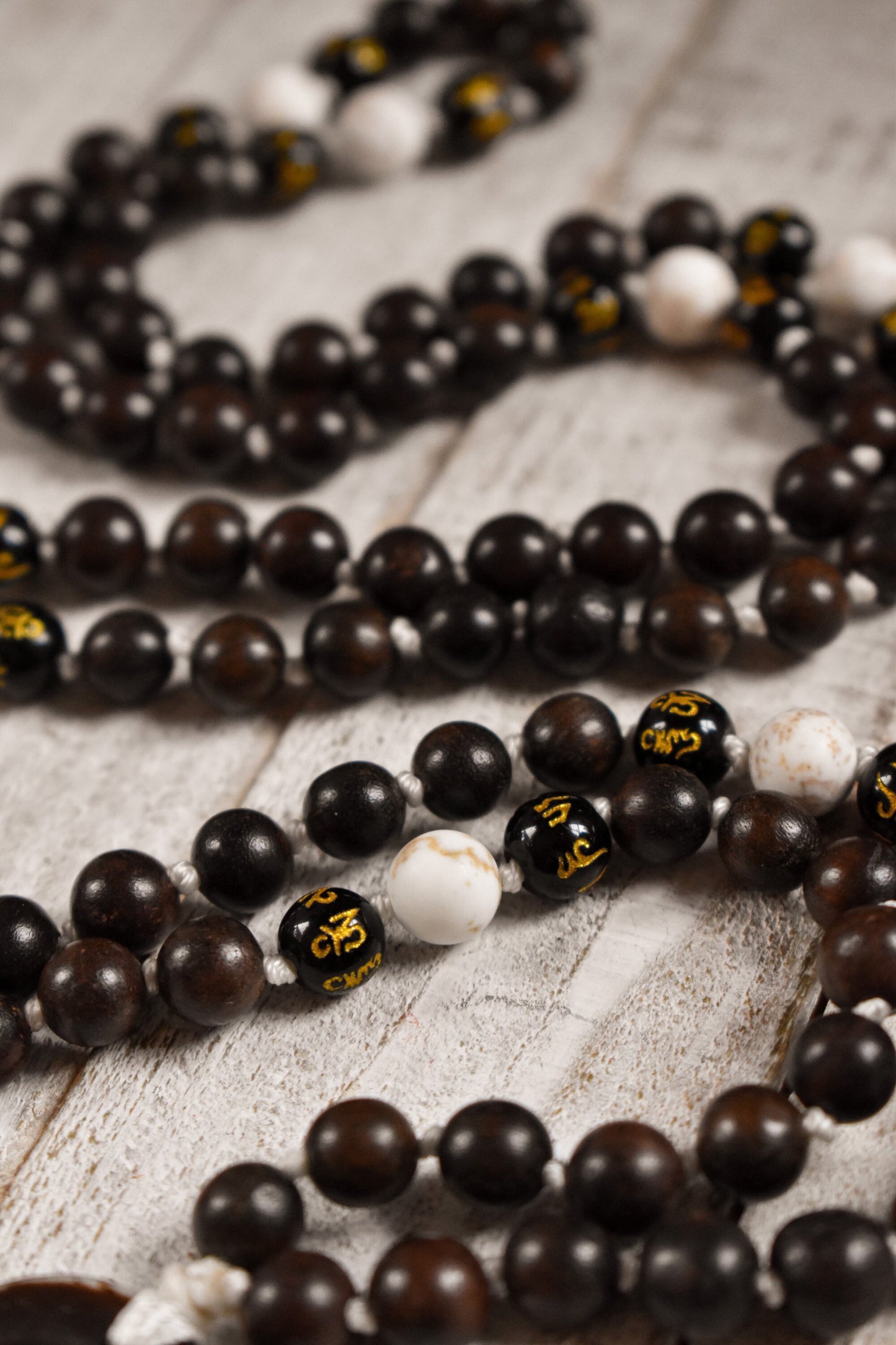 Buddha Mala - Onyx and white turquoise 108 bead meditation jewelry