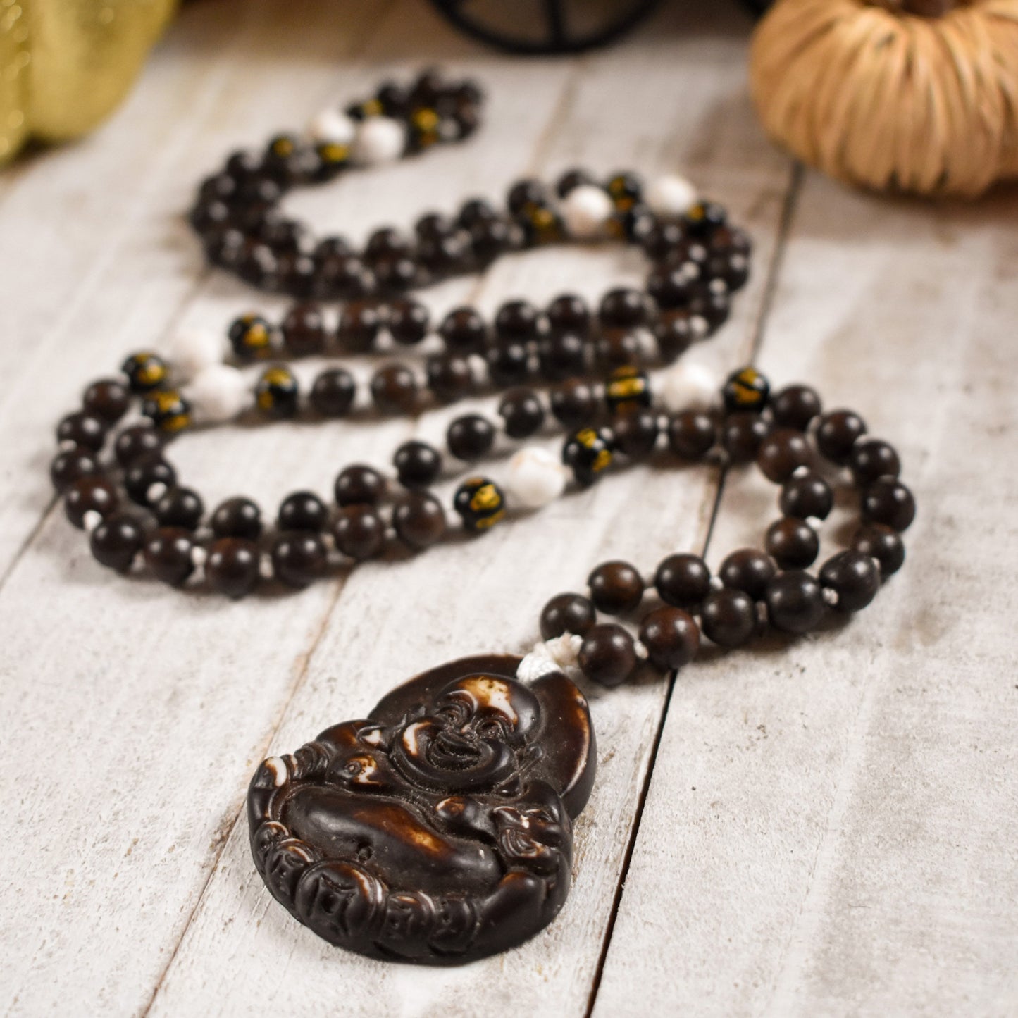 Buddha Mala - Onyx and white turquoise 108 bead meditation jewelry