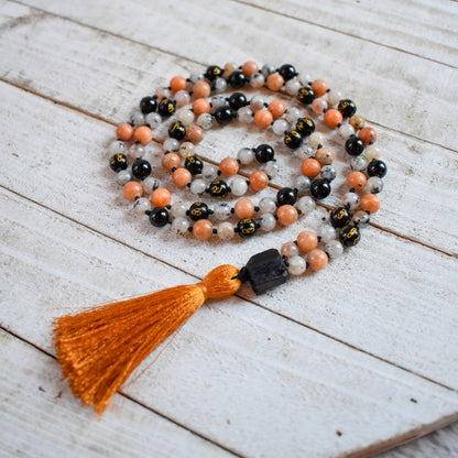 Sunstone, Black Tourmaline, Orange Calcite and Onyx 108 bead meditation mala