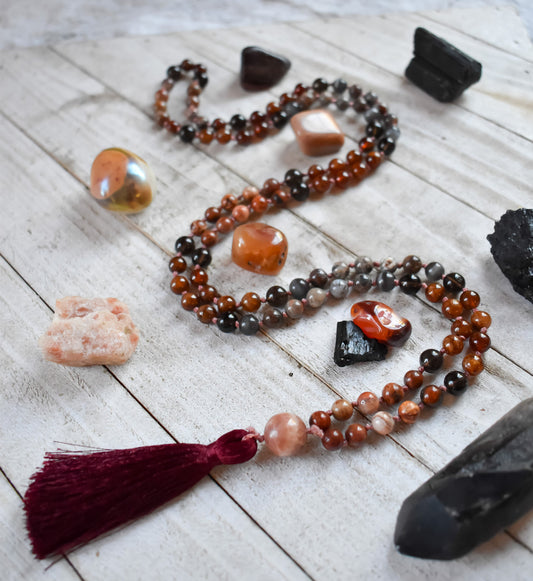 Fossil Coral, Hessonite Garnet, Smoky Quartz, Grey Cats Eye and Moonstone 108 bead meditation mala