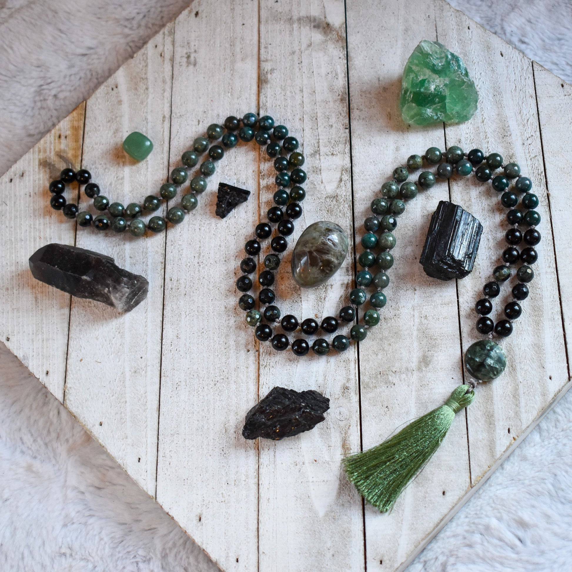 Botanical Moss Agate, Kambaba Jasper, Black Tourmaline, Green Rutilated Quartz and Seraphinite 108 bead meditation mala