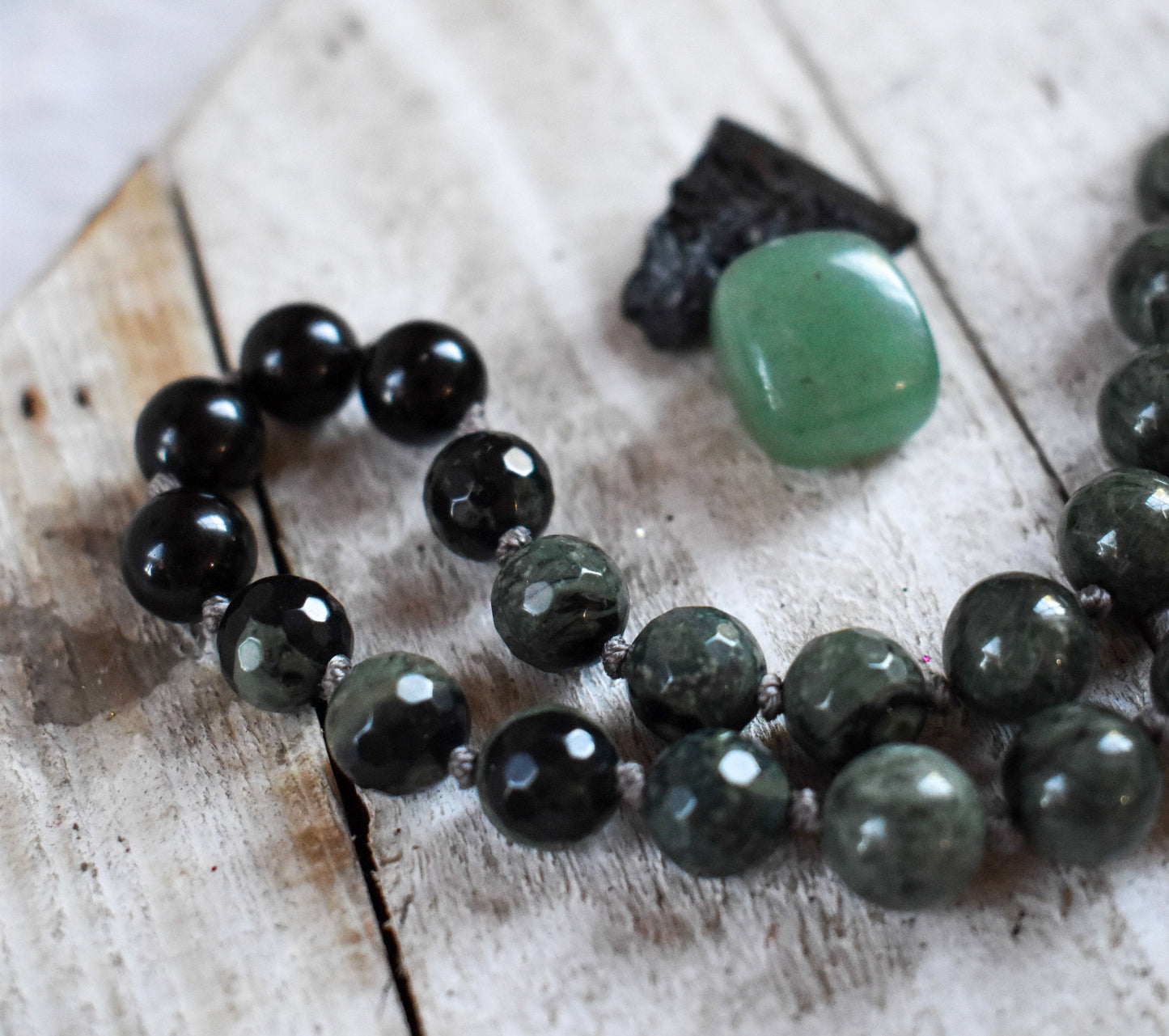 Botanical Moss Agate, Kambaba Jasper, Black Tourmaline, Green Rutilated Quartz and Seraphinite 108 bead meditation mala