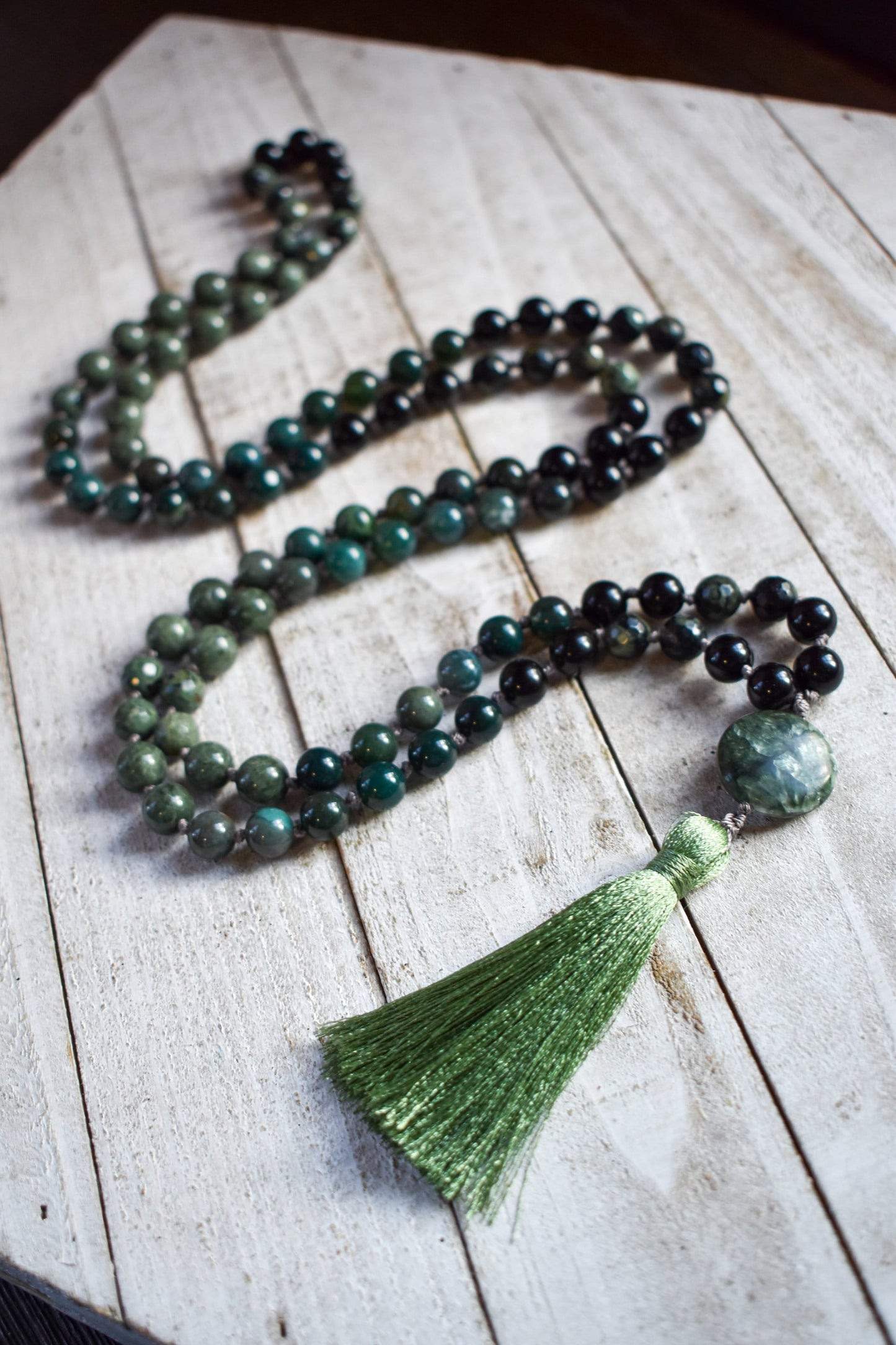 Botanical Moss Agate, Kambaba Jasper, Black Tourmaline, Green Rutilated Quartz and Seraphinite 108 bead meditation mala