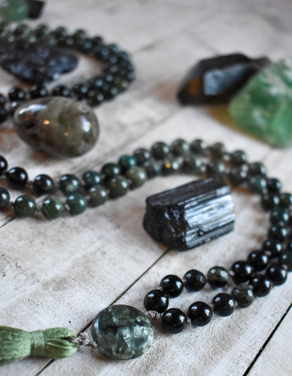 Botanical Moss Agate, Kambaba Jasper, Black Tourmaline, Green Rutilated Quartz and Seraphinite 108 bead meditation mala