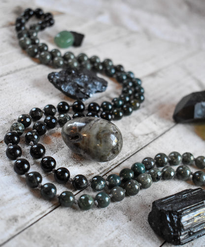 Botanical Moss Agate, Kambaba Jasper, Black Tourmaline, Green Rutilated Quartz and Seraphinite 108 bead meditation mala