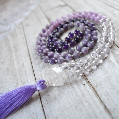 Purple Ombré 108 bead Meditation Mala - Amethyst, Lepidolite, Kunzite, Purple Crystal Quartz