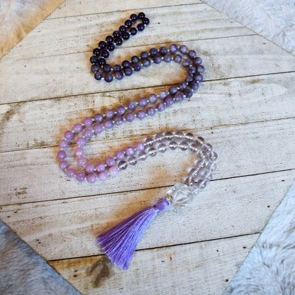 Purple Ombré 108 bead Meditation Mala - Amethyst, Lepidolite, Kunzite, Purple Crystal Quartz