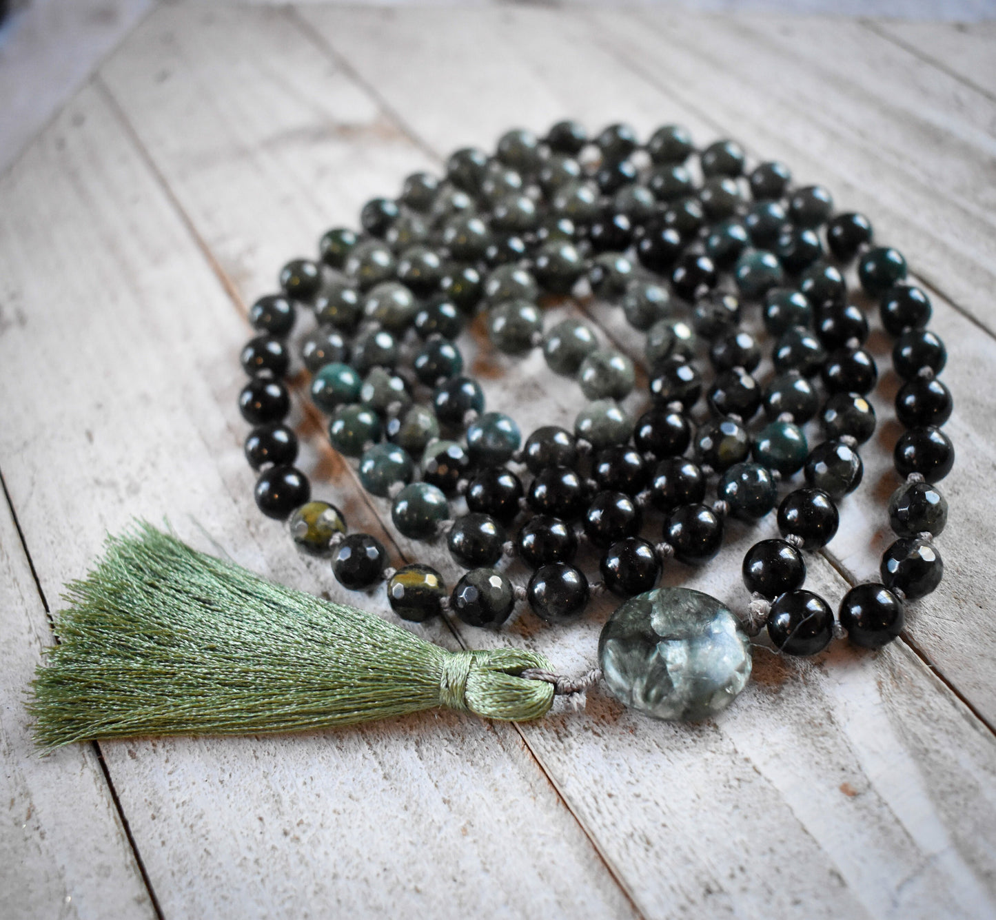 Botanical Moss Agate, Kambaba Jasper, Black Tourmaline, Green Rutilated Quartz and Seraphinite 108 bead meditation mala