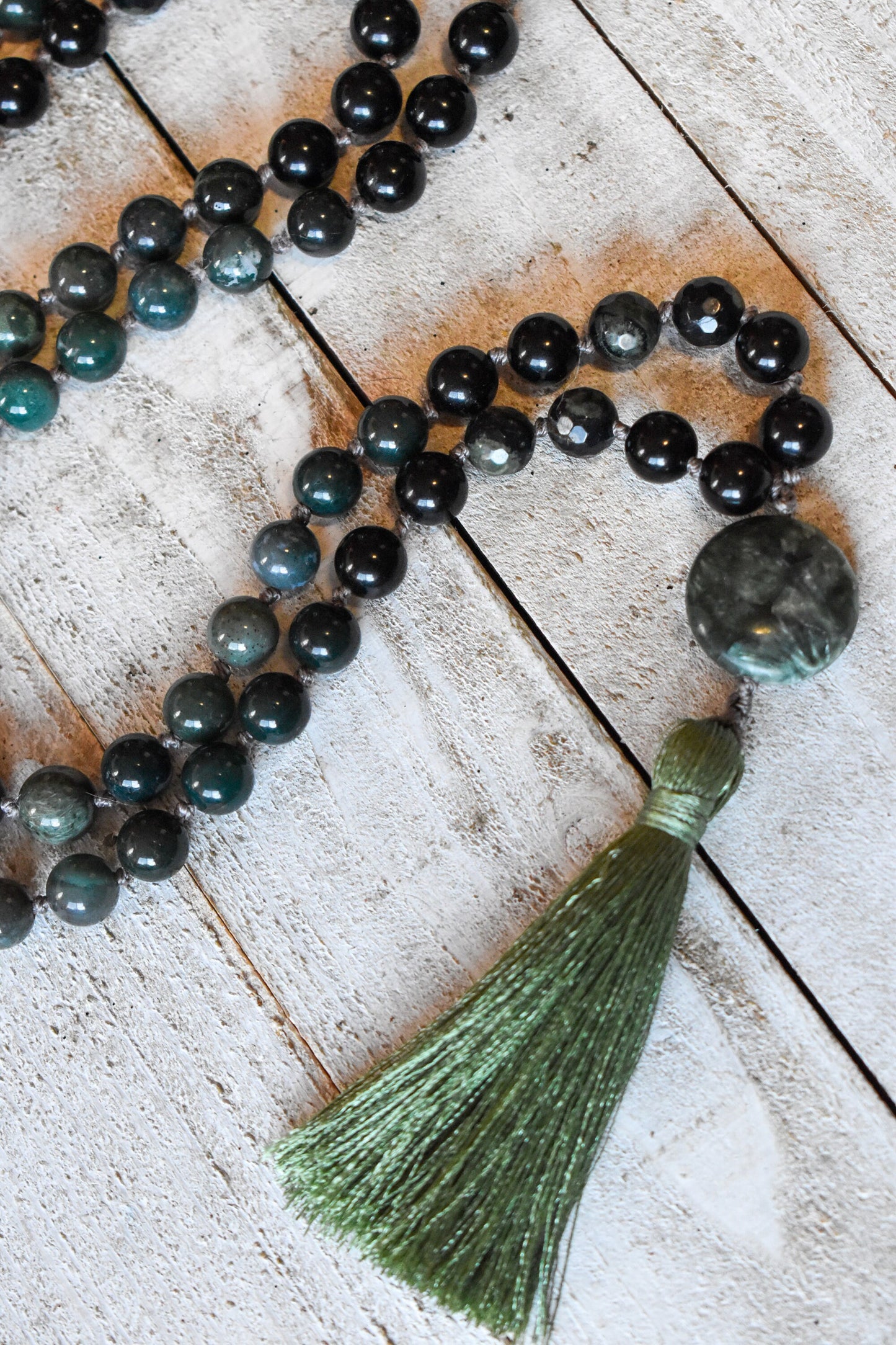 Botanical Moss Agate, Kambaba Jasper, Black Tourmaline, Green Rutilated Quartz and Seraphinite 108 bead meditation mala